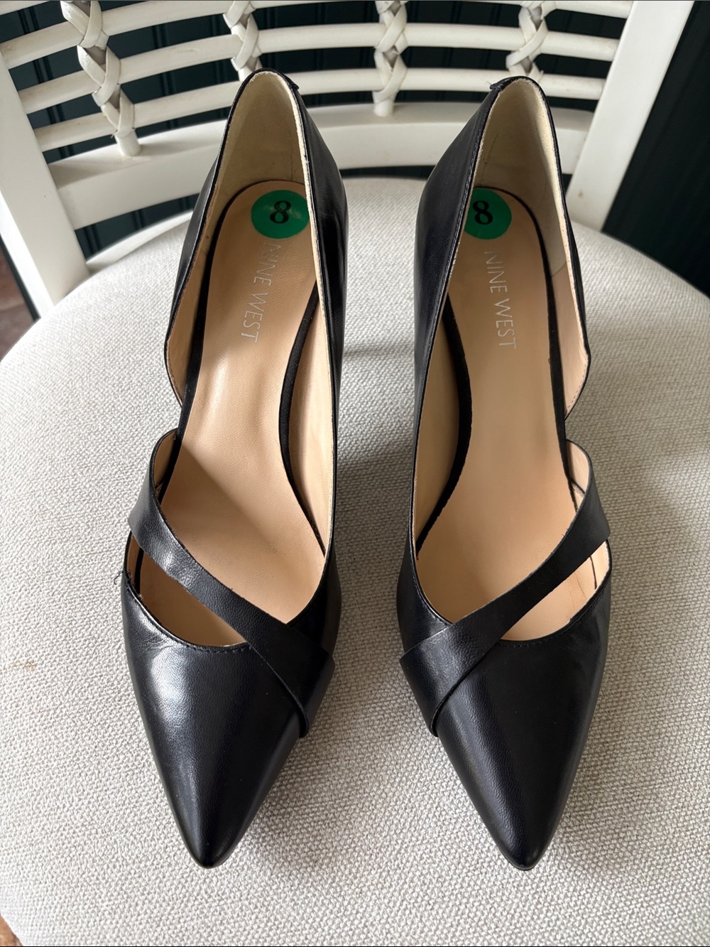 Nine West Black Leather “Kemble” Pointed-Toe Crisscross Pumps